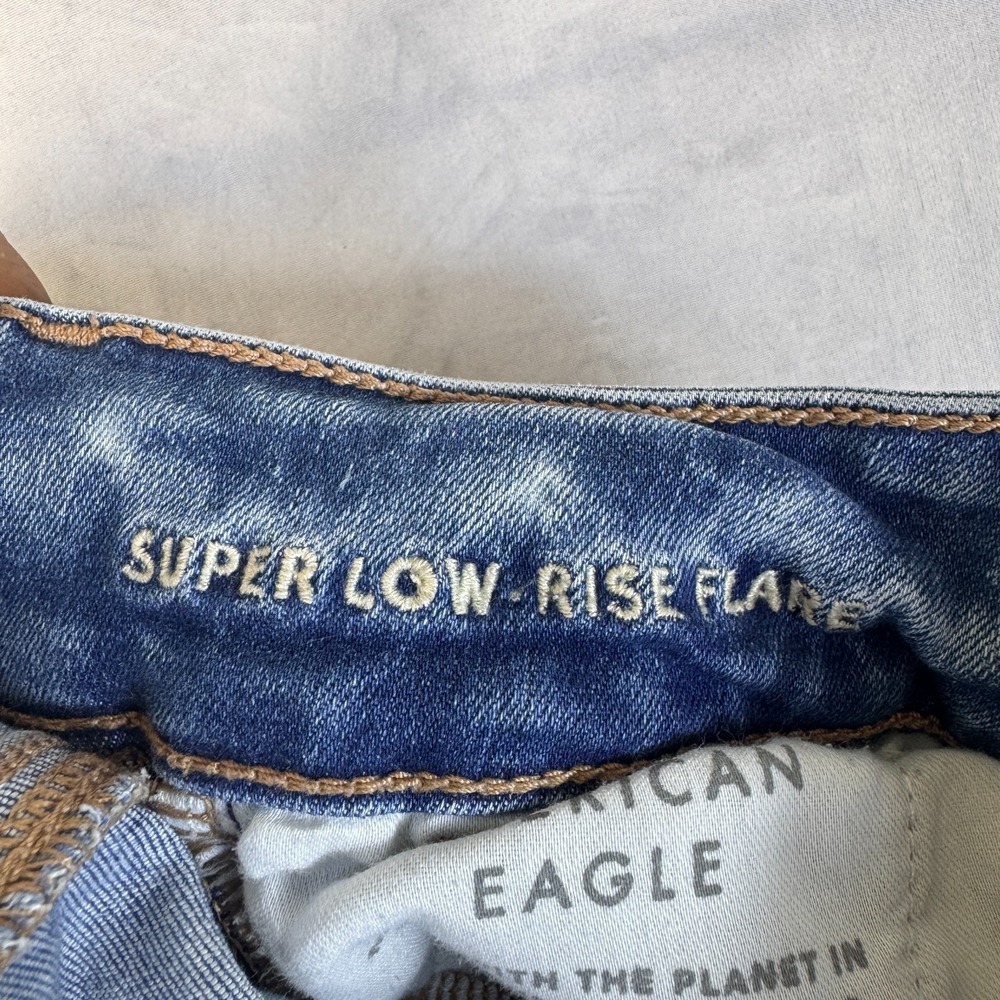 American Eagle Outfitters Womens Flared Jeans Blue Denim Super Low Rise Comfy 4 - Picture 13 of 16